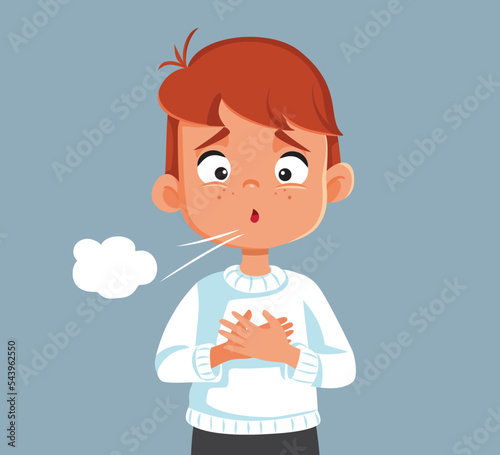 Little Boy with Hard Breathing Problems Coughing Vector Illustration, Sick child having respiratory problems due to an asthma attack
 photo