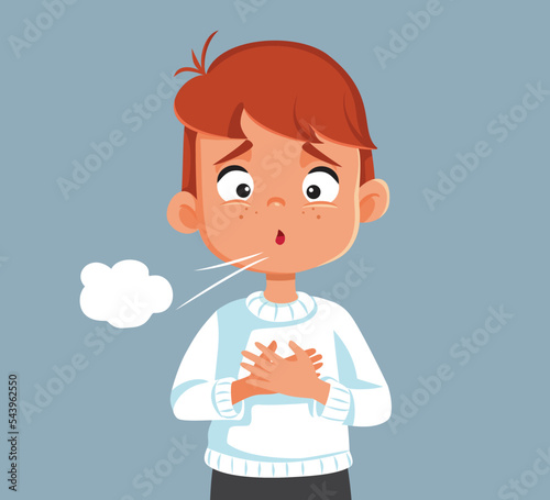 Little Boy with Hard Breathing Problems Coughing Vector Illustration, Sick child having respiratory problems due to an asthma attack
