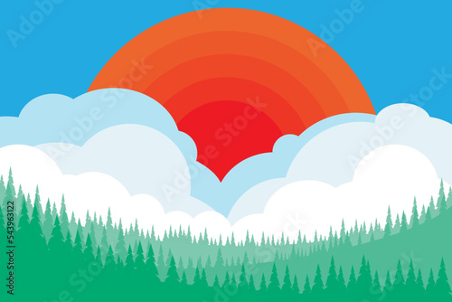 Abstract view of landscape with green tree and sun on sky background.