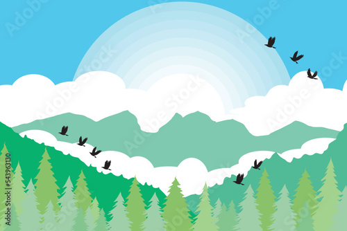 Abstract view of landscape the mountain with green tree and sun on sky background.