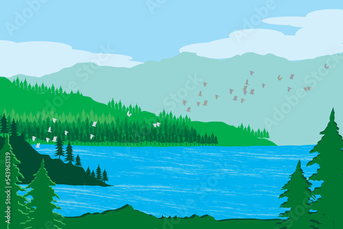 Abstract view of landscape the mountain with green tree and bird on sky background.