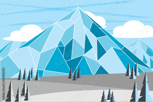 Abstract view of landscape, the big mountain with tree and clouds on sky background.