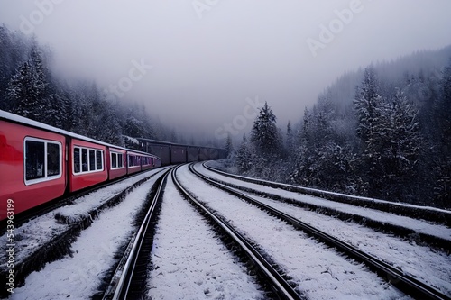 Filisur, Switzerland March 05, 2018 Red train over the Landwasser Viaduct in winter with fog © 2rogan
