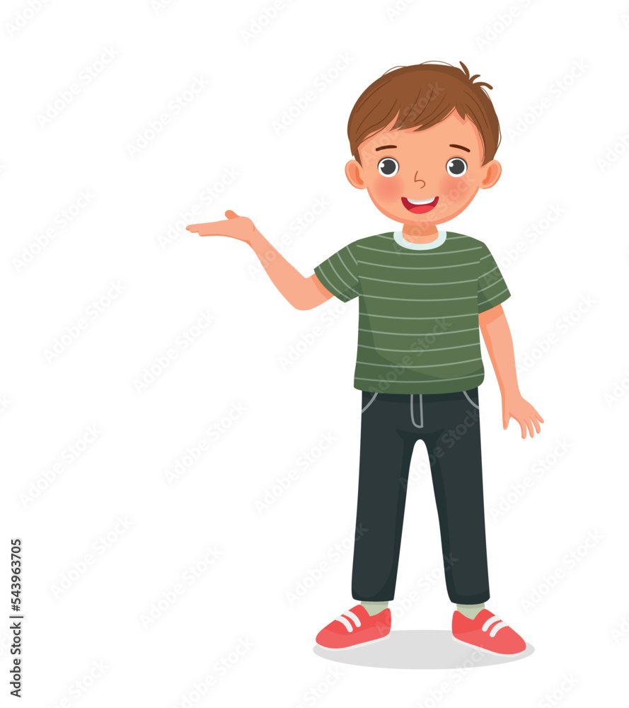 cute little boy showing presenting with hand for copy space cute little boy showing presenting with hand for copy space