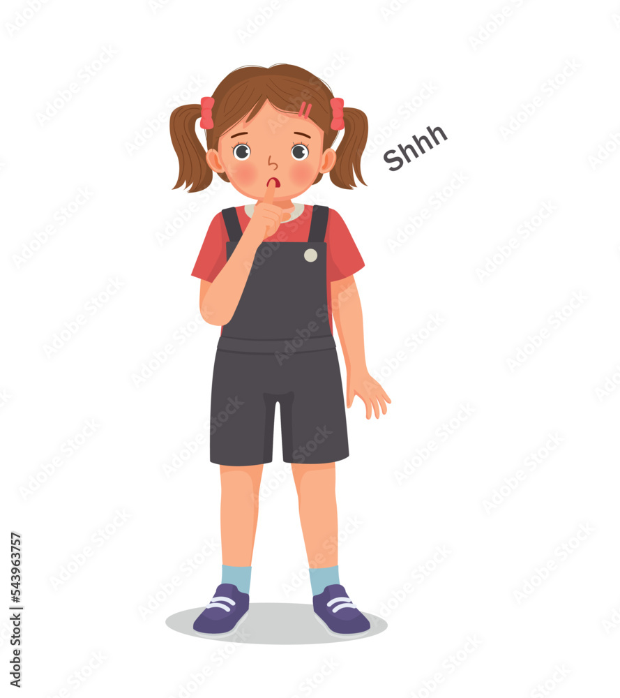 Cute little girl doing silence gesture putting her finger on lip asking to be quiet Cute little girl doing silence gesture putting her finger on lip asking to be quiet