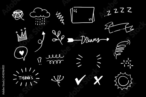 Vector set of doodle elements, ribbons, sun, love, arrows, swirls, brushes, stars, crowns, for concept design.