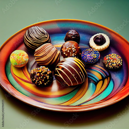 Sweets and chocolate on a colorful plate