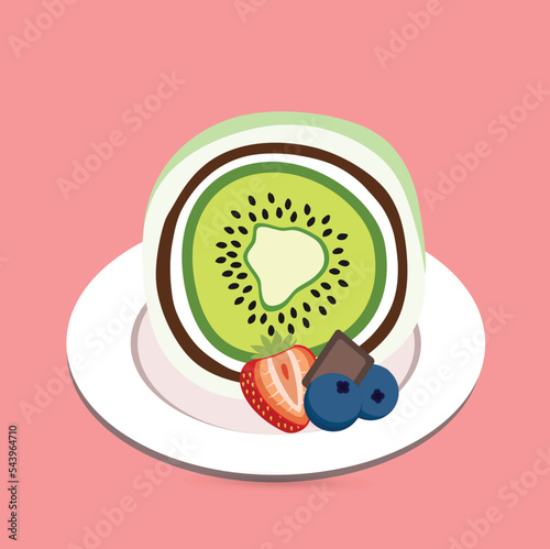 Kiwi mochi fruit with cream and chocolate, strawberry, and blueberry