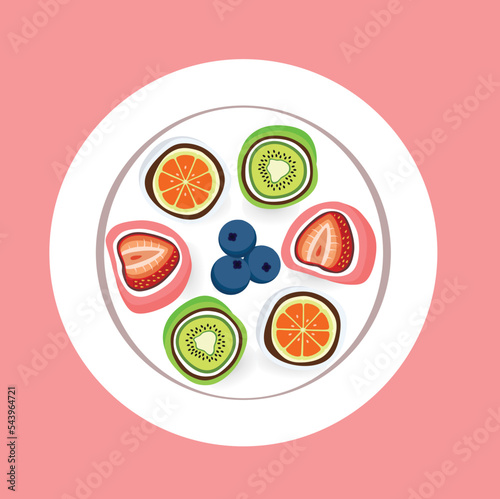 Fruit mochi, traditional japanesee food with strawberry, orange, blueberry and kiwi. photo