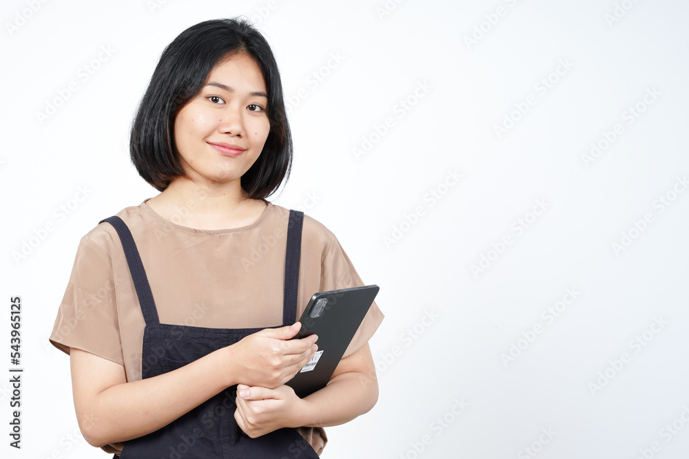 Holding and Using Tablet of Beautiful Asian Woman Isolated On White Background Holding and Using Tablet of Beautiful Asian Woman Isolated On White Background