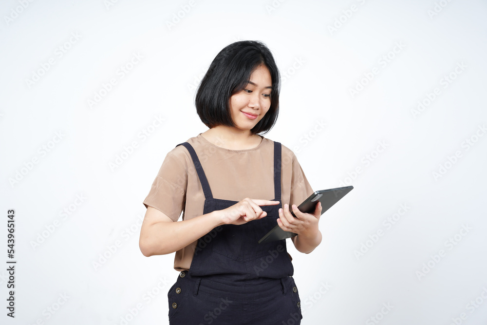 Holding and Using Tablet of Beautiful Asian Woman Isolated On White Background Holding and Using Tablet of Beautiful Asian Woman Isolated On White Background