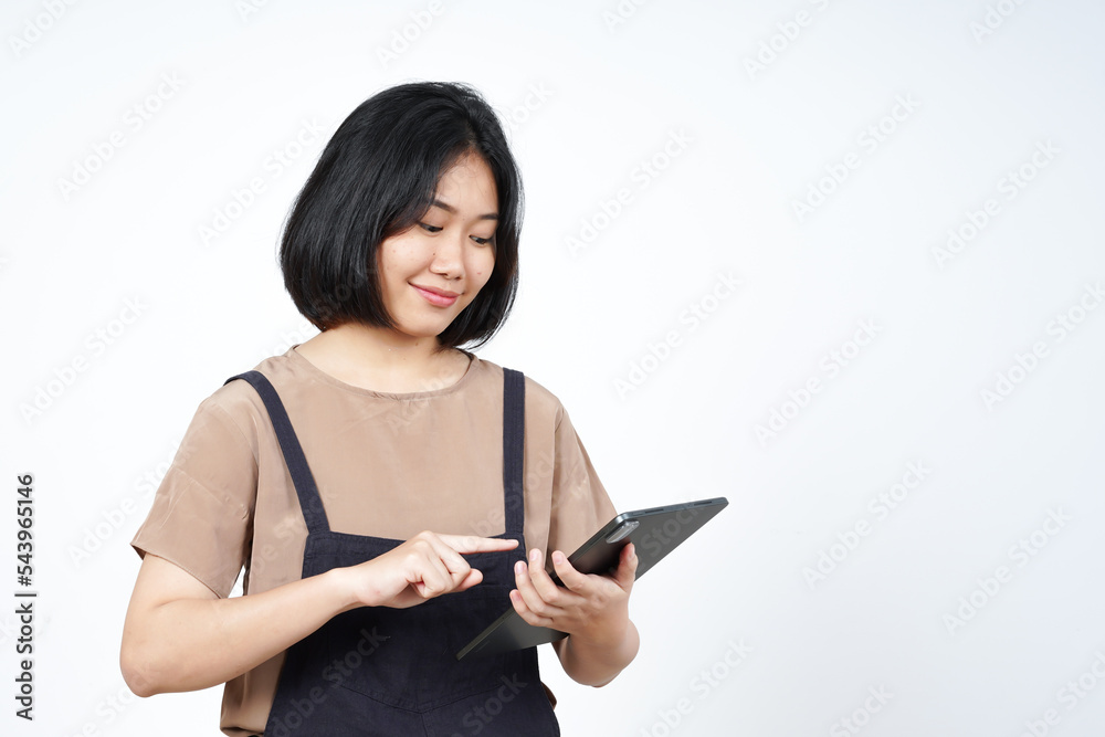 Holding and Using Tablet of Beautiful Asian Woman Isolated On White Background Holding and Using Tablet of Beautiful Asian Woman Isolated On White Background