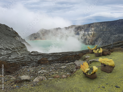 The view of kawah Ijen, the biggest acid lake in the world. Located in banyuwangi city, east java, indonesia.
