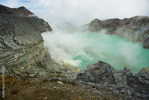 The view of kawah Ijen, the biggest acid lake in the world. Located in banyuwangi city, east java, indonesia.