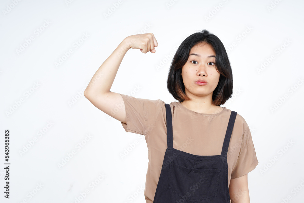 Showing strength and rise arms of Beautiful Asian Woman Isolated On White Background Showing strength and rise arms of Beautiful Asian Woman Isolated On White Background
