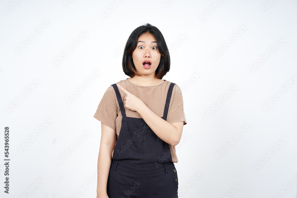 Showing Product and Pointing Side of Beautiful Asian Woman Isolated On White Background Showing Product and Pointing Side of Beautiful Asian Woman Isolated On White Background