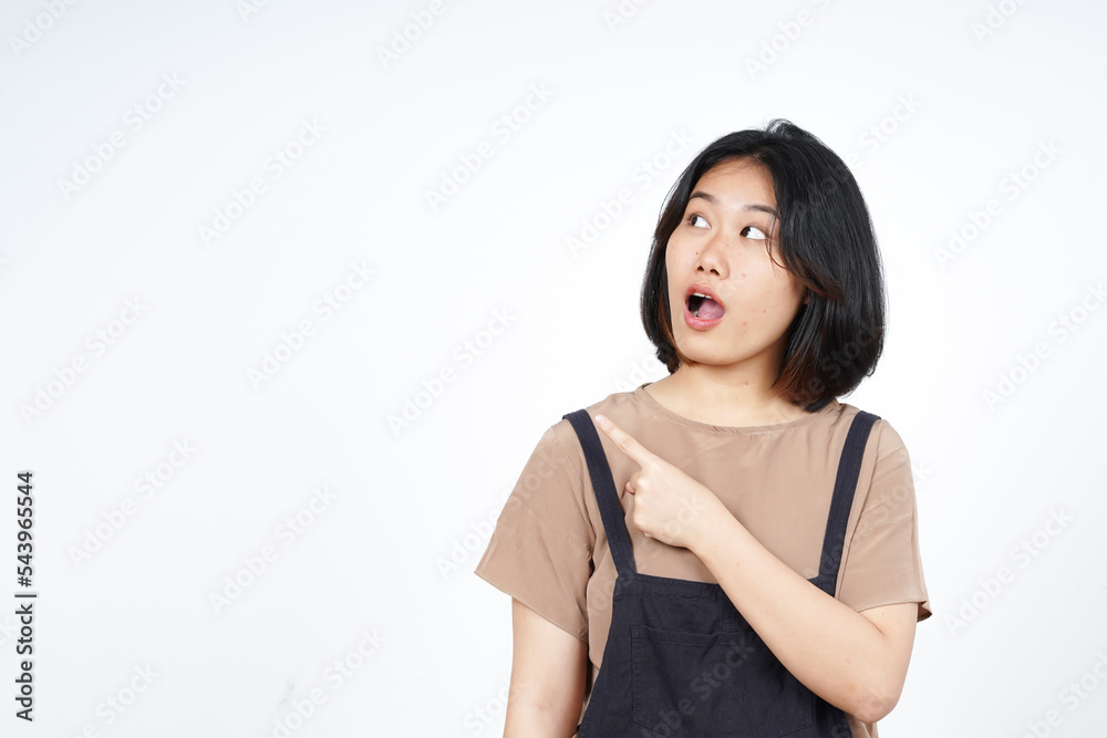 Showing Product and Pointing Side of Beautiful Asian Woman Isolated On White Background Showing Product and Pointing Side of Beautiful Asian Woman Isolated On White Background