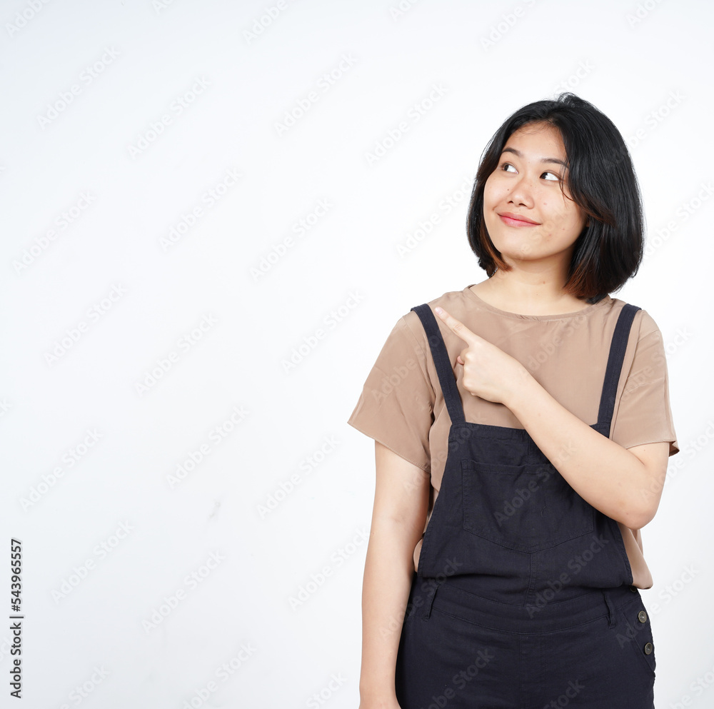 Showing Product and Pointing Side of Beautiful Asian Woman Isolated On White Background