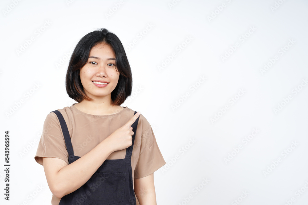 Showing Product and Pointing Side of Beautiful Asian Woman Isolated On White Background Showing Product and Pointing Side of Beautiful Asian Woman Isolated On White Background