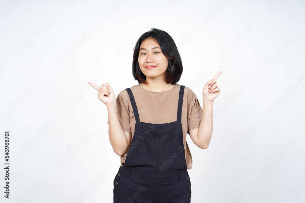 Showing Product and Pointing Left Right Side of Beautiful Asian Woman Isolated On White Background