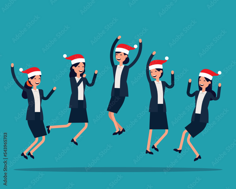 Business people in christmas hats are jumped. Concept celebration and holiday design Business people in christmas hats are jumped. Concept celebration and holiday design