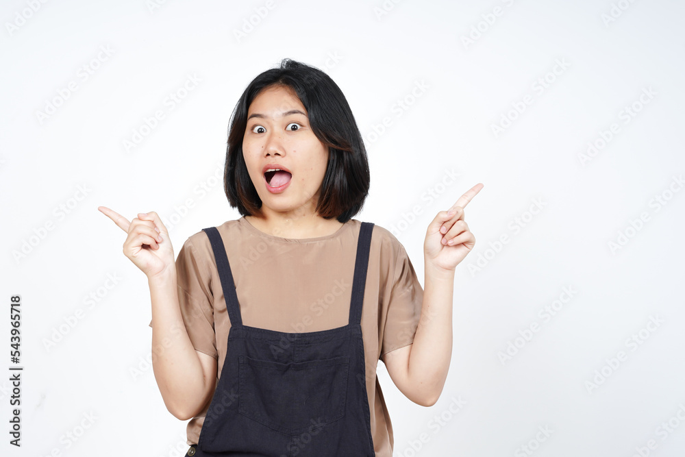 Showing Product and Pointing Left Right Side of Beautiful Asian Woman Isolated On White Background Showing Product and Pointing Left Right Side of Beautiful Asian Woman Isolated On White Background
