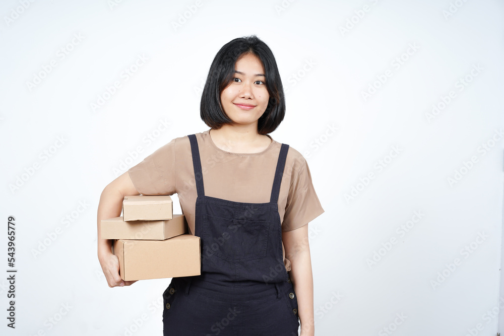 Holding Package Box or Cardboard Box of Beautiful Asian Woman Isolated On White Background Holding Package Box or Cardboard Box of Beautiful Asian Woman Isolated On White Background