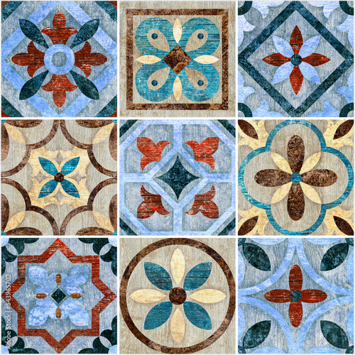 Vintage colorful tiled wall and floor stone and wood pattern with unique mixed design pattern.