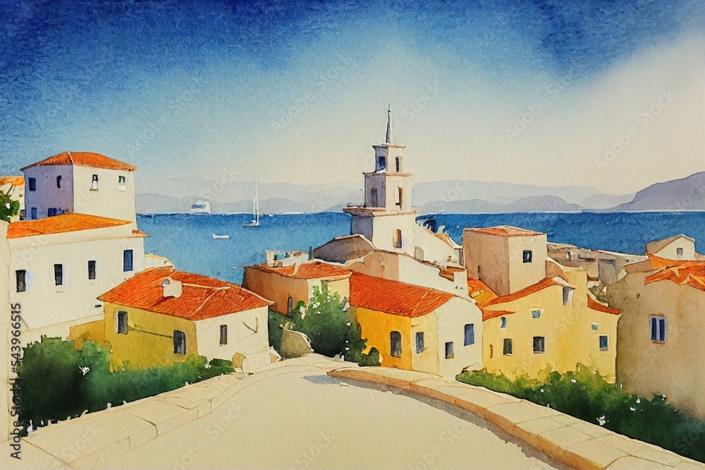Naklejka premium hand drawn watercolor painting of beautiful Mediterranean town. landmark painting with buildings,house,cafe, restaurant,street,trees,stone wall, windows, houseplant,blue water, island and blue sky
