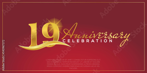  19th anniversary logo with confetti golden colored text isolated on red background, vector design for greeting card and invitation card