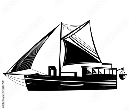 Illustration of a vintage fishing trawler schooner  or blue water motor sailer wooden yacht sailboat at sea viewed from side on isolated background done in retro woodcut style.