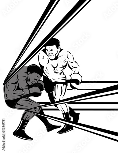 Illustration of a boxer on the ropes with prizefighter connecting knockout punch on isolated background done in retro woodcut style.