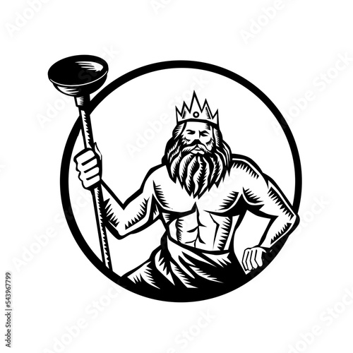 Illustration of neptune or poseidon god of the sea holding toilet plunger viewed from front set inside circle on isolated background done in retro black and white woodcut style.