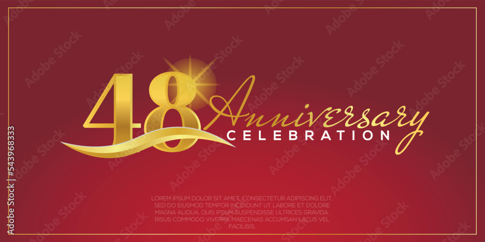48th anniversary logo with confetti golden colored text isolated on red background, vector design for greeting card and invitation card