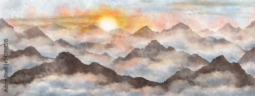 높은 산 정상에서 떠오르는 태양, 일출 해돋이 손그림 일러스트.