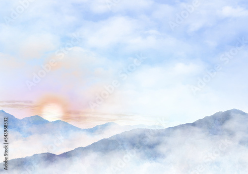 높은 산 정상에서 떠오르는 태양, 일출 해돋이 손그림 일러스트.