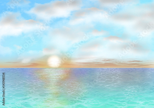 푸른 바다 수평선에서 떠오르는 태양, 일출 해돋이 손그림 일러스트.