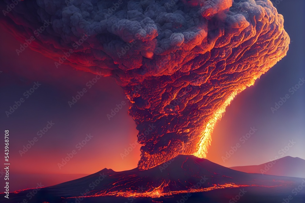 massive volcano eruption, a large volcano erupting hot. High detail