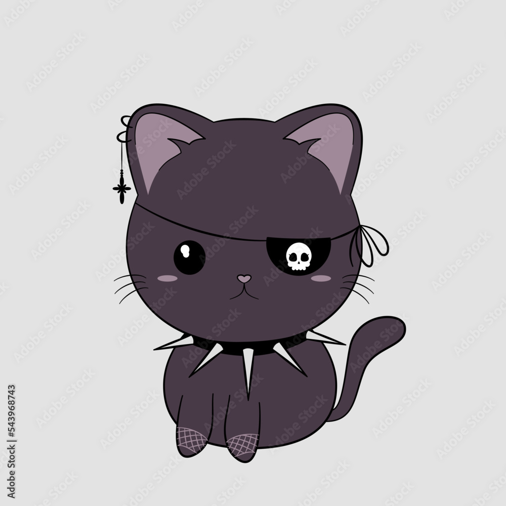 Czarny kotek w stylu goth. Uroczy gotycki kot z przepaską na oko, kolczastym kołnierzem, piercingiem i siateczkowymi rękawiczkami. Słodka ilustracja wektorowa. Czarny kotek w stylu goth. Uroczy gotycki kot z przepaską na oko, kolczastym kołnierzem, piercingiem i siateczkowymi rękawiczkami. Słodka ilustracja wektorowa.