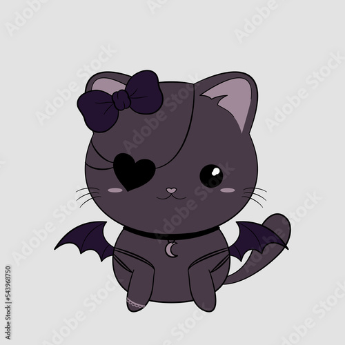 Czarny kotek w stylu goth. Uroczy gotycki kot z przepaską na oko w kształcie serca, z kokardką i skrzydłami nietoperza. Słodka ilustracja wektorowa. photo