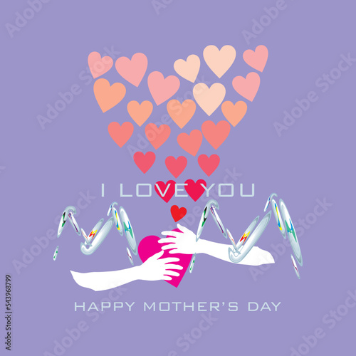 Postcard with two hands hugging heart background elements. Vector symbol of love in the shape of a heart for Happy Mother's Day greeting card design