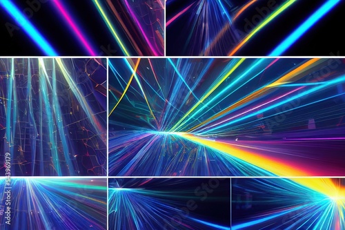 Computer generated many fashion flashes of light. Effect dynamic lighting with rays. 3d rendering disco backdrop