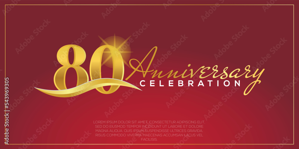 80th anniversary logo with confetti golden colored text isolated on red ...
