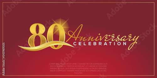 80th anniversary logo with confetti golden colored text isolated on red background  vector design for greeting card and invitation card