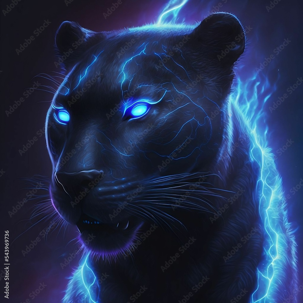 Fierce Black Panther Glowing Blue Glowing Eyes on Dark Background