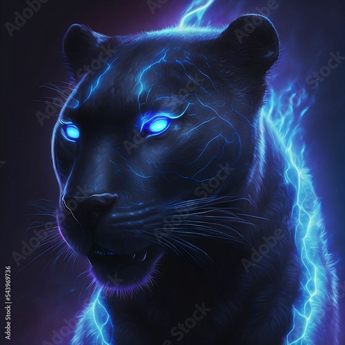 Fierce Black Panther Glowing Blue Glowing Eyes on Dark Background | Created Using Midjourney photo