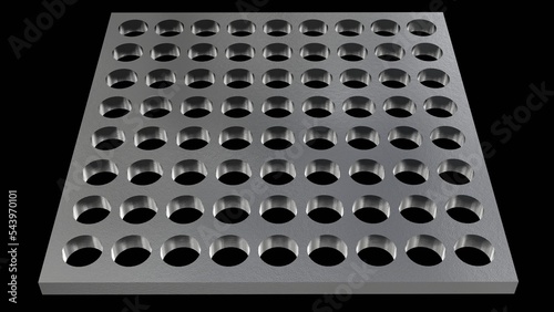 Nanoporous material. Metal object with many holes. Supermaterial. 3d render illustration