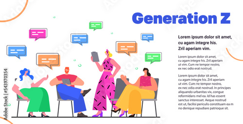 businesspeople discussing during meeting chat bubble communication brainstorming generation z concept