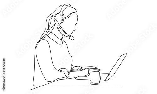 continuous line of a technical support staff member with headphones