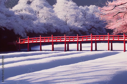 White Hirosaki Castle and its red wooden bridge in mid winter season, Aomori, Tohoku, Japan photo